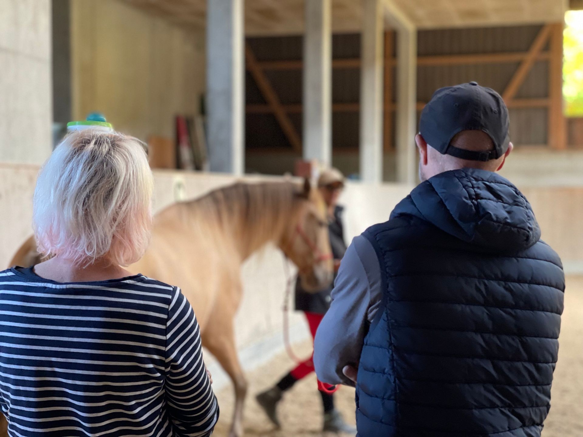 Two people standing and watching a person handle a horse inside an indoor riding arena.