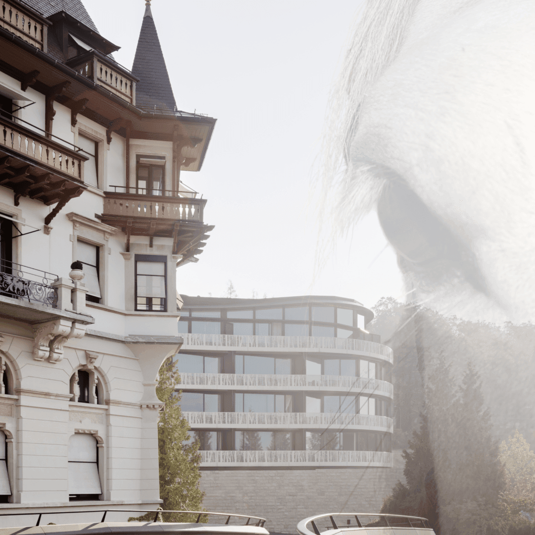 Close-up of a horse blending into a scene with historic and modern buildings surrounded by trees.